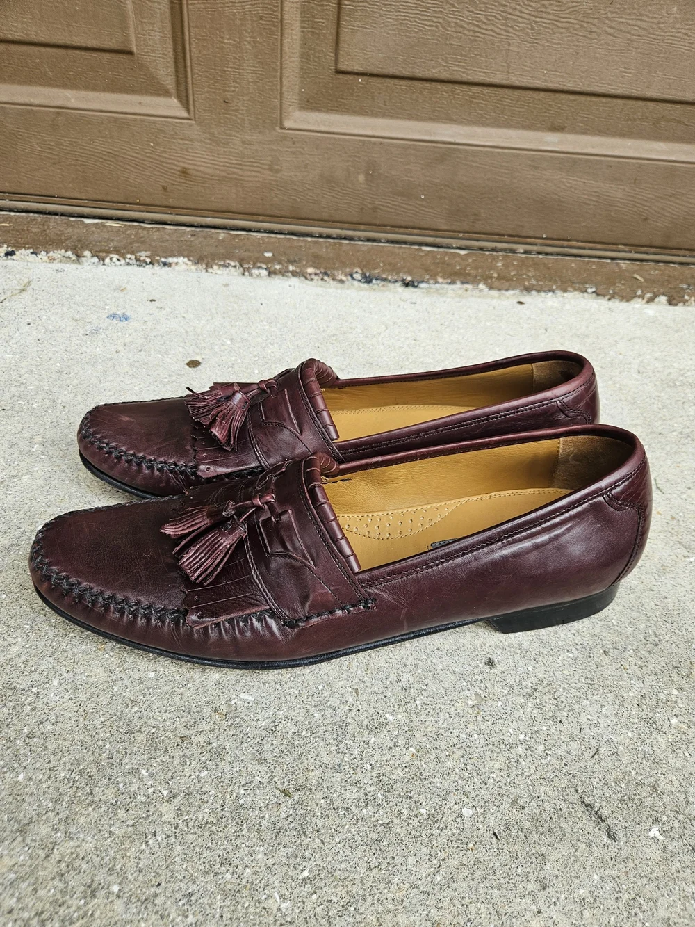 Johnston & Murphy Tassel Kiltie Loafers Cognac Italian Leather Mens 12 Burgundy